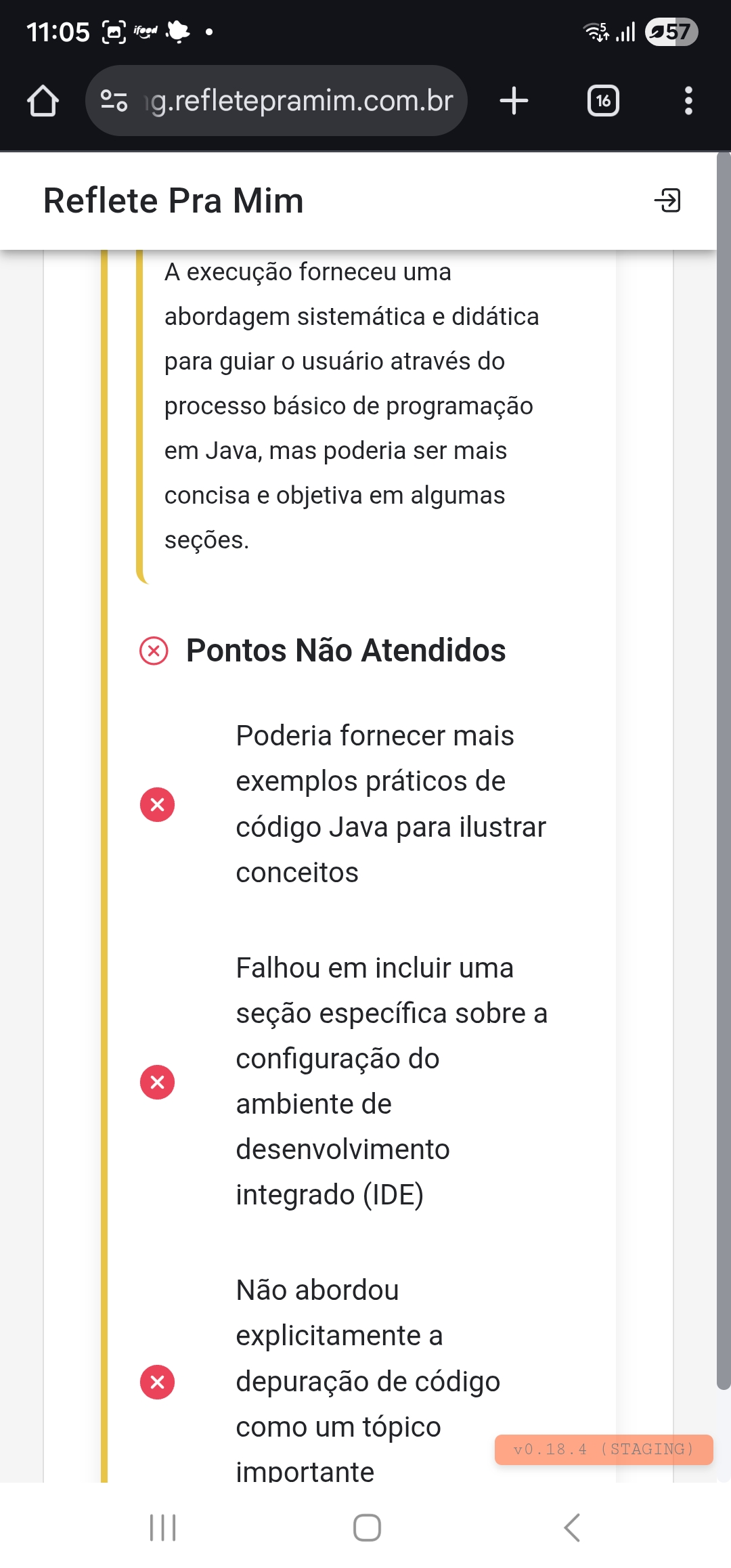 Tela de auditoria de resposta com análise detalhada e pontos não atendidos