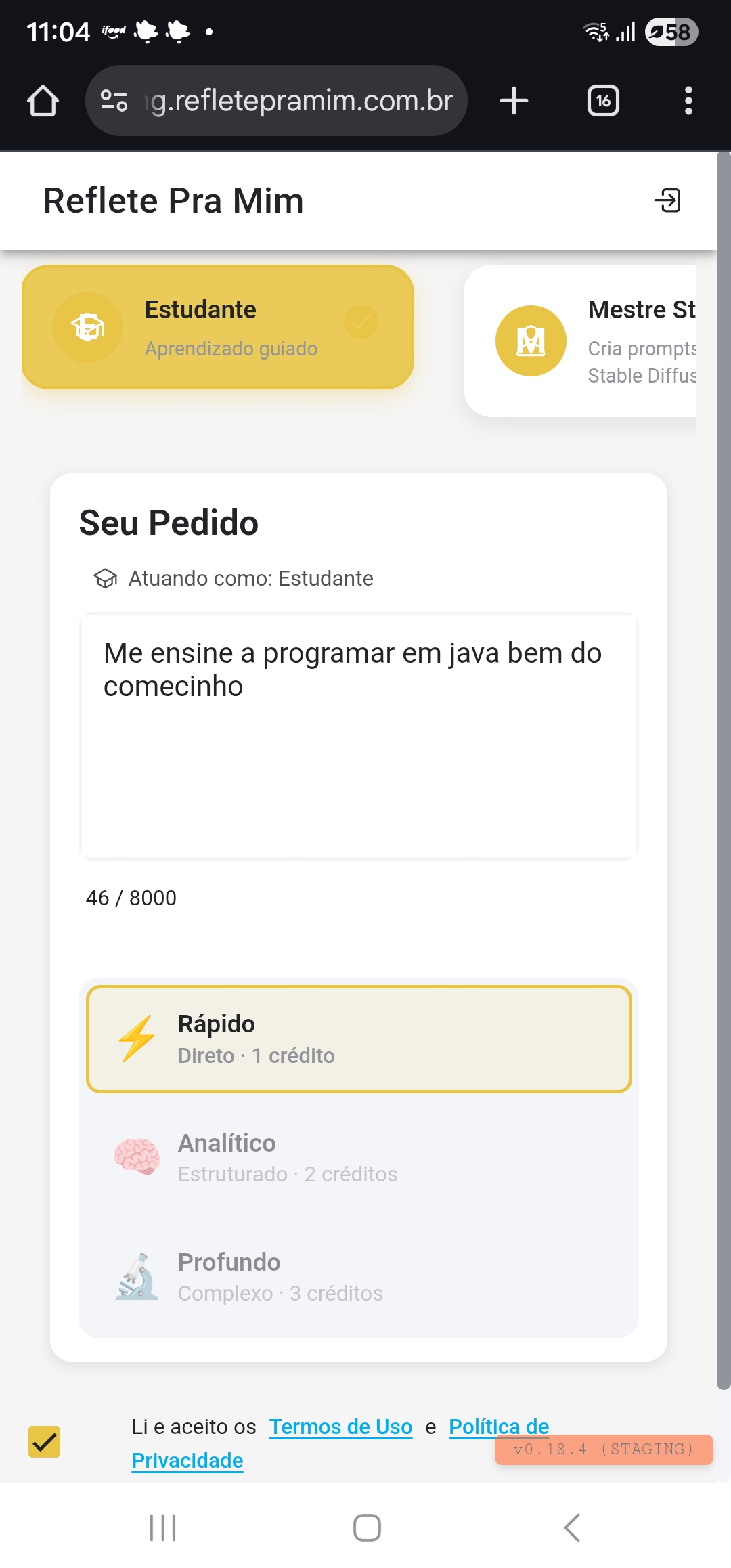 Tela de enriquecimento de prompts com personas e modos de processamento